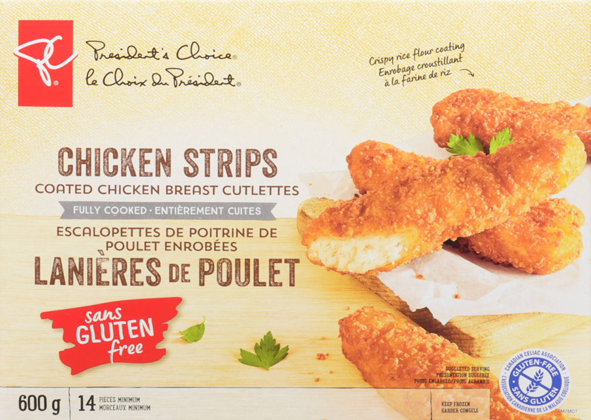 Picture of a box of PC gluten free chicken strips, one of the best gluten free President's Choice products. 