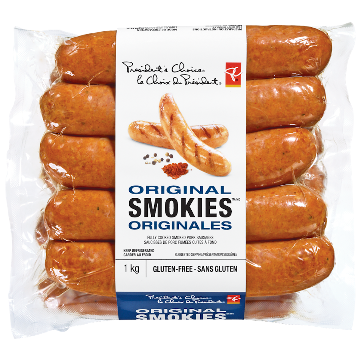 Picture of a package of President's Choice gluten free smokies. 