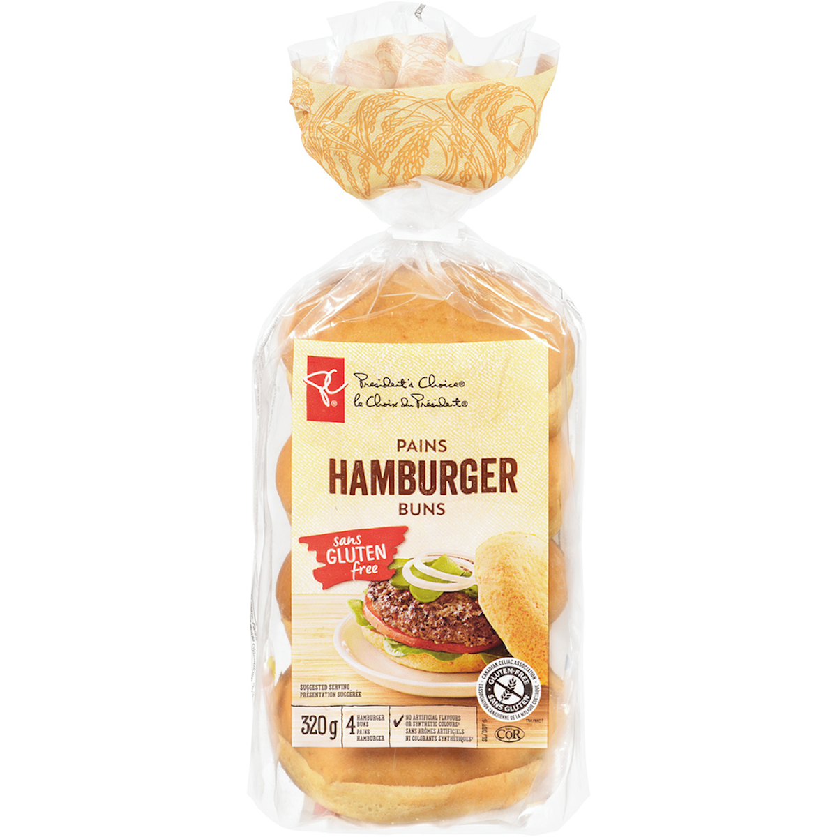 Picture of a bag of President's Choice gluten free hamburger buns.