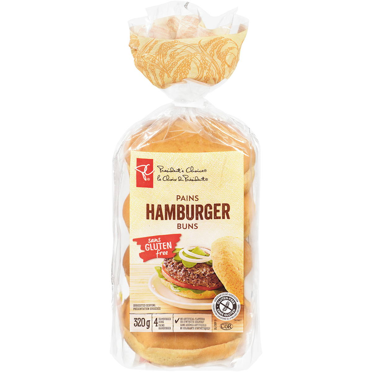 Picture of a bag of President's Choice gluten free hamburger buns. 