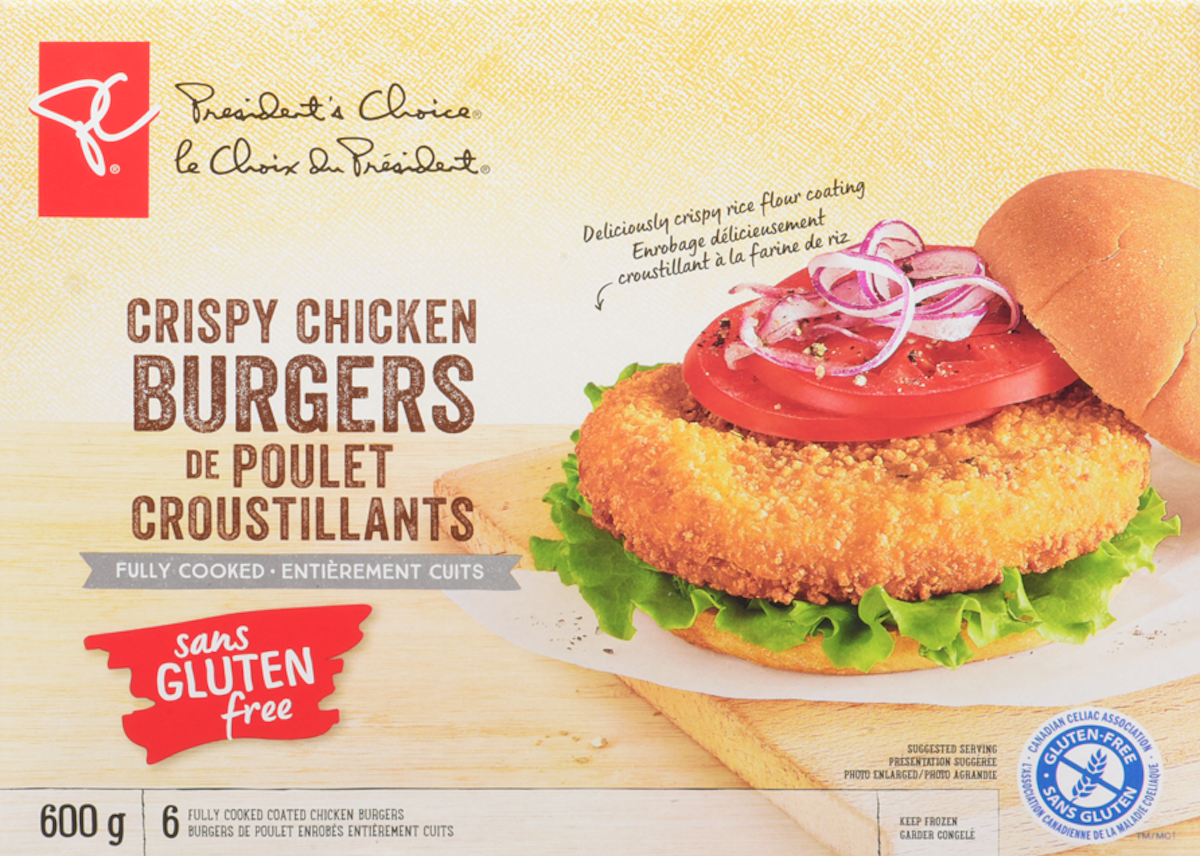 Picture of PC gluten free Crispy Chicken Burgers, one of Thebes gluten free president's choice products. 