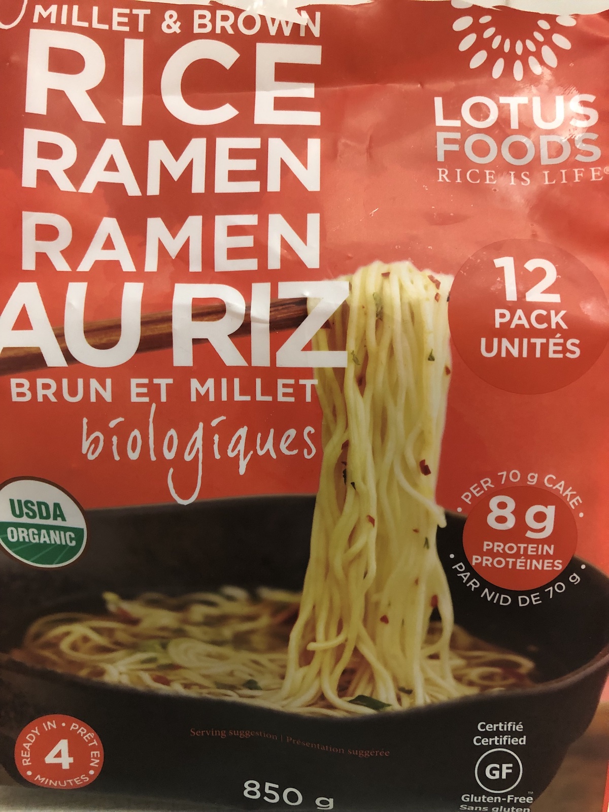 Picture of a package of Lotus Foods Rice Ramen noodles. Gluten free and healthy, made from Millet and brown rice.