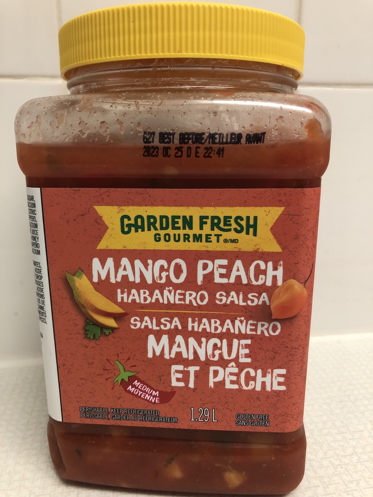 Picture of Mango Peach Habanero Salsa. This is one of the best healthy gluten free costco products available! 