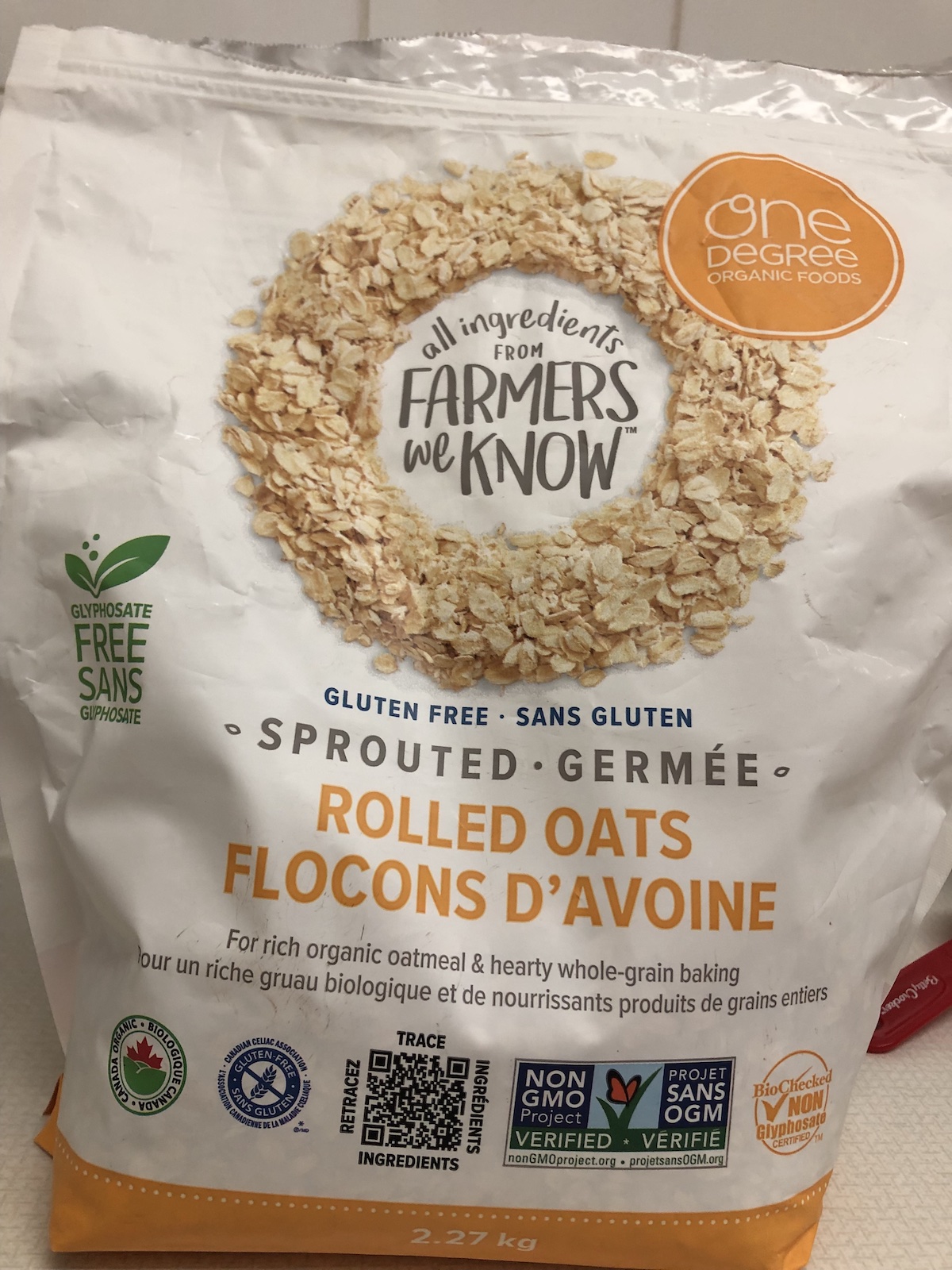 Picture of a bag of One Degree Organic Foods Sprouted Gluten Free Rolled Oats.